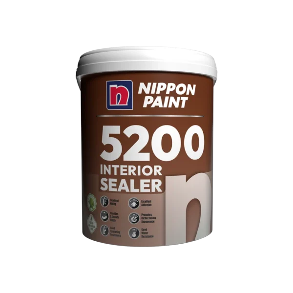 Nippon Paint 5200 Interior Sealer in a white container, designed for new and repainting walls, featuring excellent adhesion, good leveling, and low odor with VOC compliance.