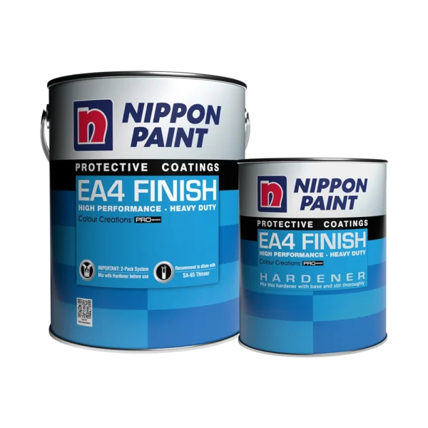 Nippon Paint EA4 Finish product display featuring a high-performance paint can and a hardener can, both designed for heavy-duty protective coatings in vibrant blue.