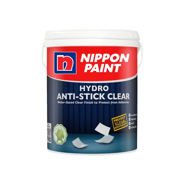 Nippon Paint Hydro Anti-Stick Clear, a water-based clear finish designed to protect surfaces from adhesives, showcased in a durable paint container.