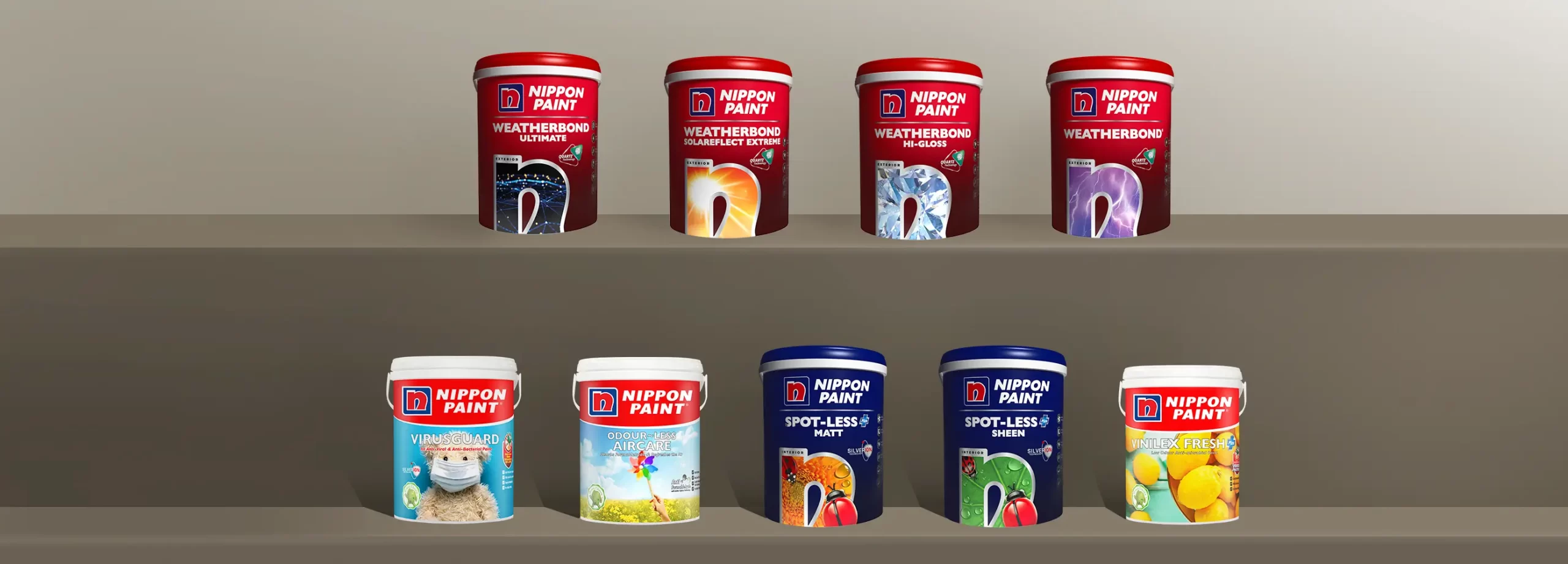 Nippon Paint product display featuring a variety of paint cans, including Weatherbond Ultimate, Weatherbond SolarReflect Extreme, VirusGuard, Odour-less Aircare, Spot-less Matt, and Vinilex Fresh, showcasing innovative paint solutions for exterior and interior applications.