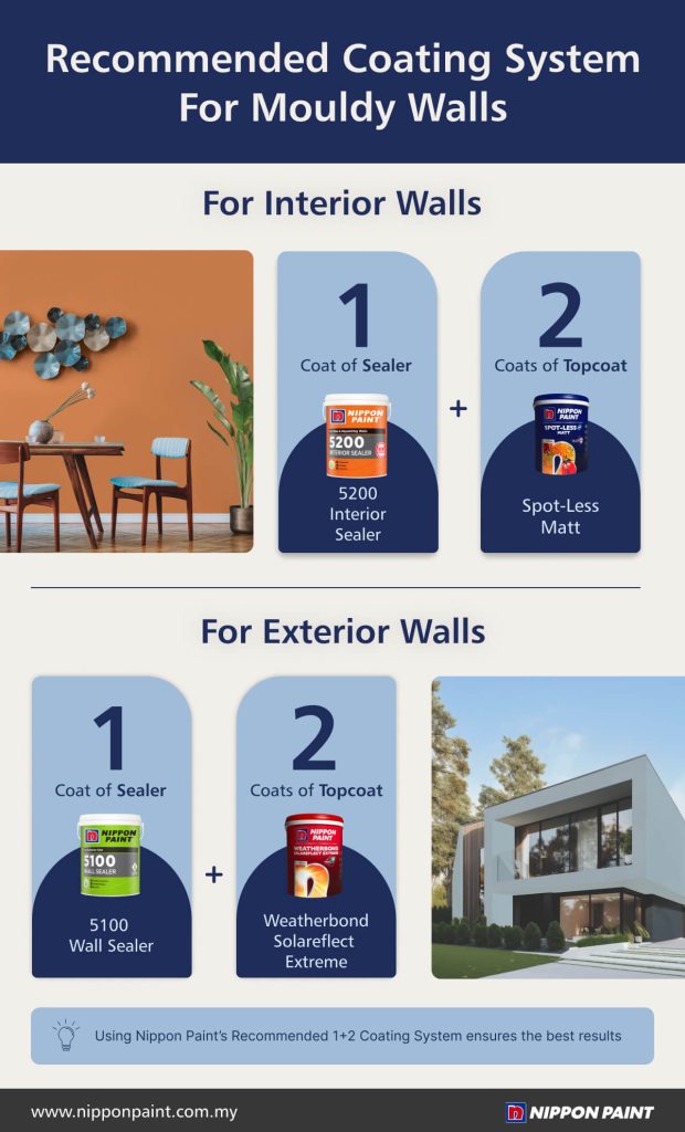 Alt text: Infographic detailing Nippon Paint's recommended coating system for mouldy walls, featuring application instructions for interior and exterior walls. For interiors, it suggests 1 coat of Nippon Paint 5200 Interior Sealer and 2 coats of Spot-Less Matt topcoat. For exteriors, it recommends 1 coat of Nippon Paint 5100 Wall Sealer and 2 coats of Weatherbond Solareflect Extreme topcoat.