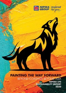 Nippon Paint's 2020 Sustainability Report cover featuring a vibrant abstract background with bold colors and a stylized wolf silhouette, emphasizing the theme "Painting the Way Forward: Beyond Coatings Beyond Asia."