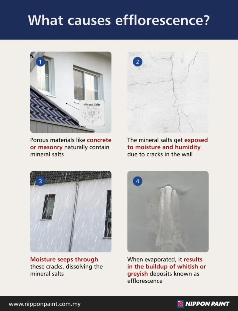 Infographic explaining the causes of efflorescence, featuring four steps: 1) Porous materials like concrete contain mineral salts; 2) Mineral salts exposed to moisture and humidity through wall cracks; 3) Moisture seeps through cracks, dissolving the salts; 4) Evaporation leads to white or grey deposits called efflorescence. Nippon Paint branding included.