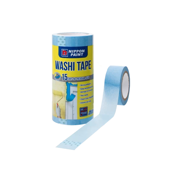 Nippon Paint Washi Tape roll with a light blue design, featuring strong adhesive, easy removal, and 15 days without residual glue. Ideal for clean painting and interior use.