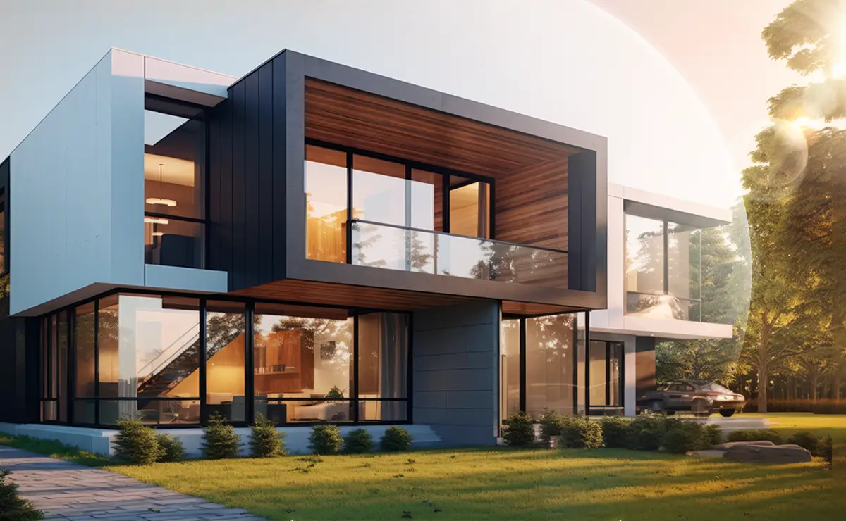 Modern two-story house featuring large glass windows and a sleek design, surrounded by greenery and a well-maintained lawn. The exterior showcases a combination of wood and contemporary materials, ideal for showcasing Nippon Paint's innovative exterior paint products.