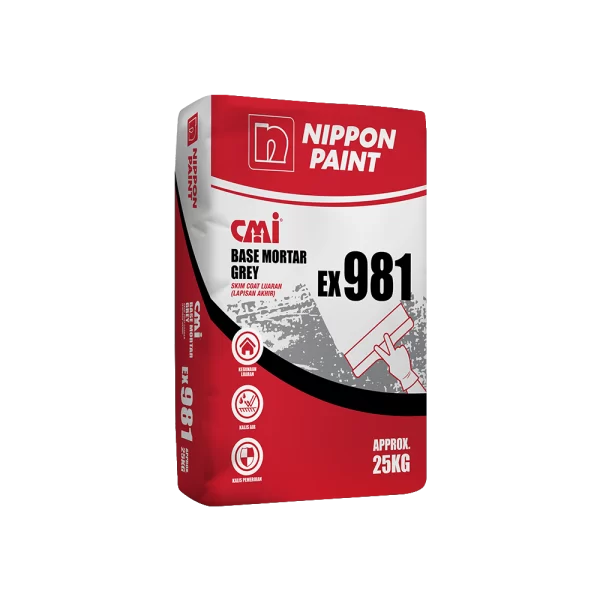 Nippon Paint CMI Base Mortar Grey EX 981 packaging, featuring a 25kg bag designed for high-quality skim coat applications, emphasizing water resistance and durability.