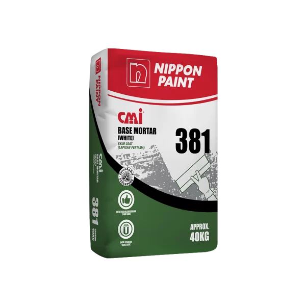 Nippon Paint CMI Base Mortar (White) 381, a 40kg skim coat product, designed for superior wall finishing and durability. Ideal for various construction applications.