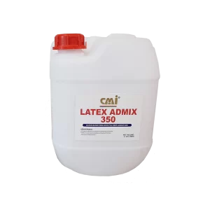 Container of CMI Latex Admix 350, a water-based emulsion polymer admixture designed to enhance the properties of mortar and plaster. Ideal for improving adhesion, flexibility, and durability in construction projects. Features a red screw cap and labeled with product details.