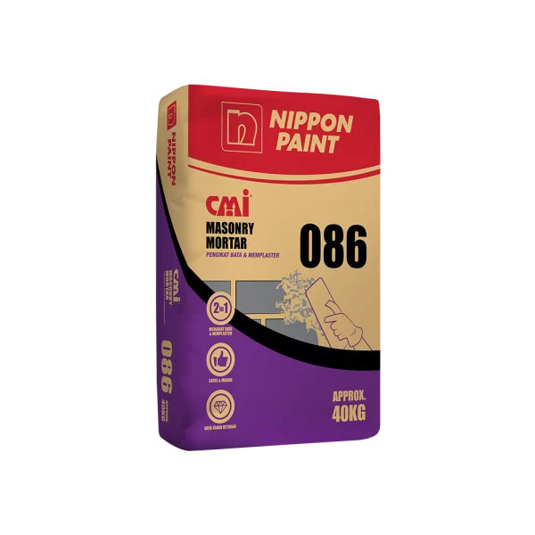 Nippon Paint CMI Masonry Mortar 086 packaging, 40kg, designed for versatile masonry and plastering applications, featuring a 2-in-1 formula for enhanced performance and durability.