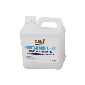 Container of CMI Mortar Admix 380, a water-based polymer modified latex emulsion used to enhance mortar properties, reduce water permeability, and minimize efflorescence. Suitable for construction applications.