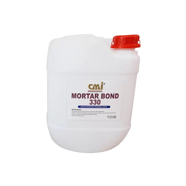 Container of CMI Mortar Bond 330, a water-resistant bonding agent used for enhancing adhesion in various building applications. Ideal for improving mortar strength and durability, with a net volume of 20 liters.