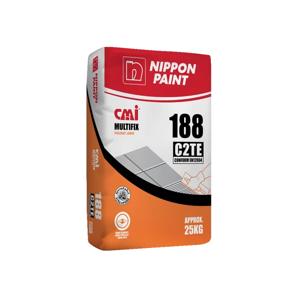 Nippon Paint CMI Multifix 188, a 25kg tile adhesive, designed for superior bonding and conforming to EN12004 standards. Ideal for various tile installations, ensuring durability and reliability.
