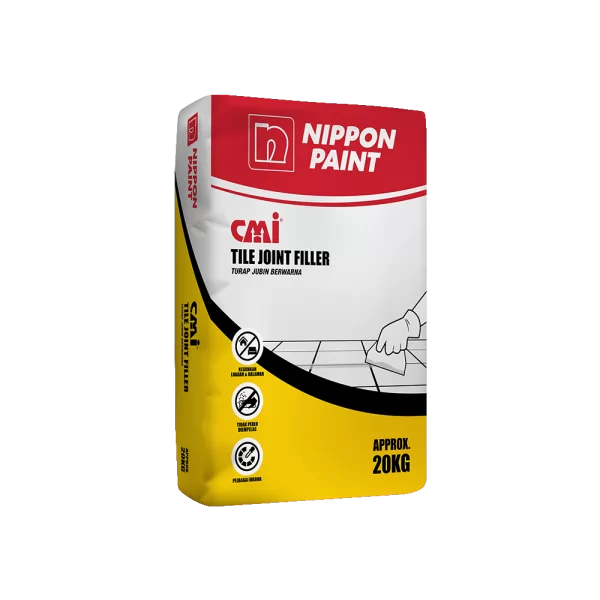 Nippon Paint CMI Tile Joint Filler packaging, designed for seamless tile installation and repair, featuring a 20kg bag with clear application instructions and benefits for durable, colorful finishes.