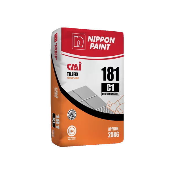 Nippon Paint CMI Tilefix 181, a 25kg tile adhesive bag designed for strong bonding, conforming to EM12004 standards, suitable for various tiling projects.