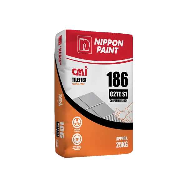 Nippon Paint CMI Tileflex 186, a flexible tile adhesive conforming to EN12004 standards, packaged in a 25kg bag, ideal for various tiling projects.