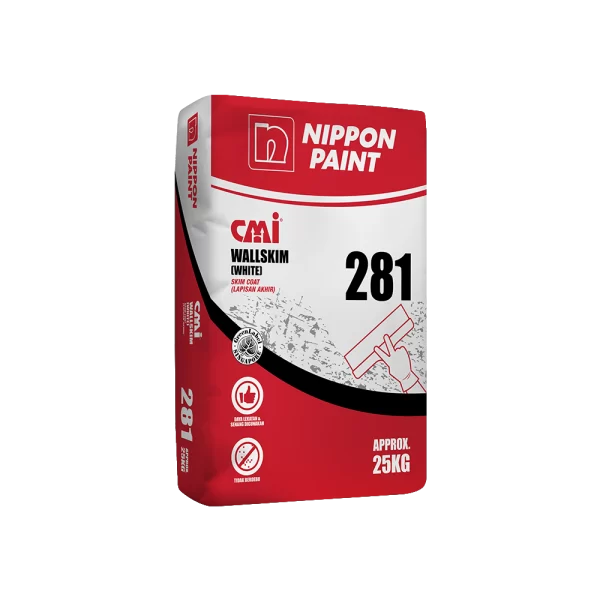 Nippon Paint CMI Wallskim (White) 281 skim coat packaging, approximately 25kg, designed for smooth wall finishes and enhanced durability. Ideal for interior applications.