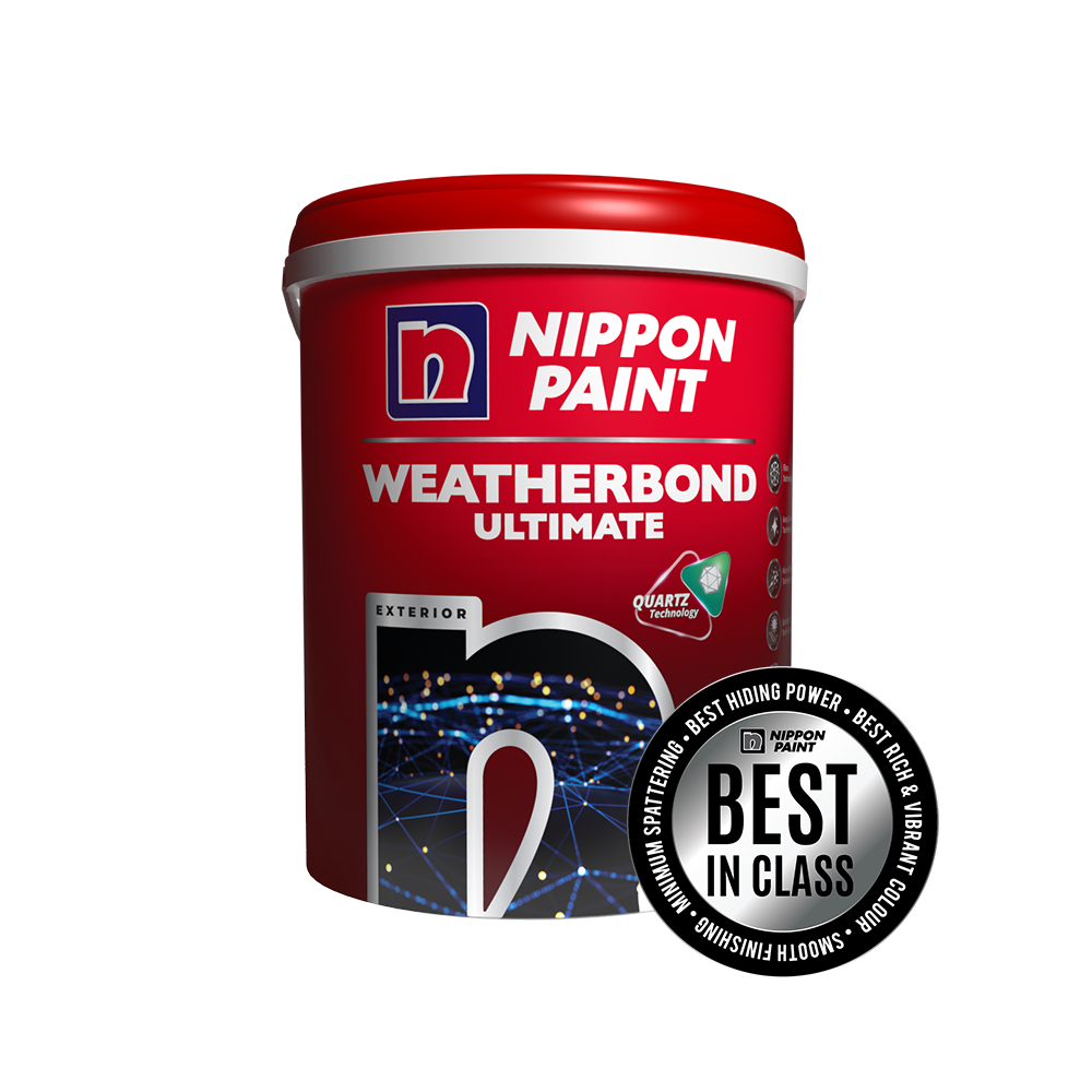 Nippon Paint Weatherbond Ultimate exterior paint canister featuring Quartz Technology, labeled as "Best in Class" for hiding power and color vibrancy.