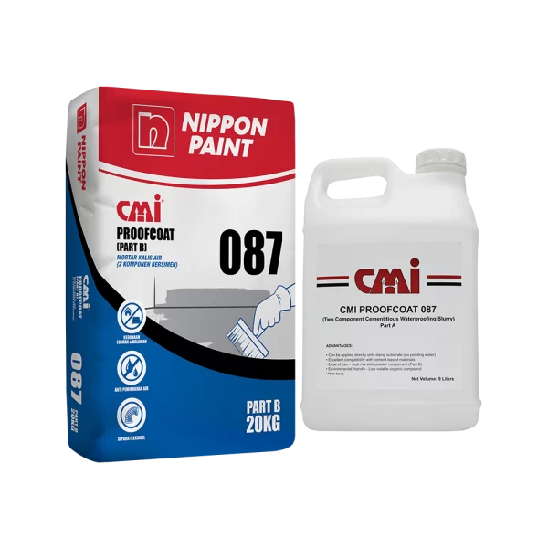 Nippon Paint CMI Proofcoat 087 Part A and Part B packaging for waterproofing solution, featuring a 20kg bag and a 5-liter container. Ideal for construction and renovation projects, providing effective moisture protection.
