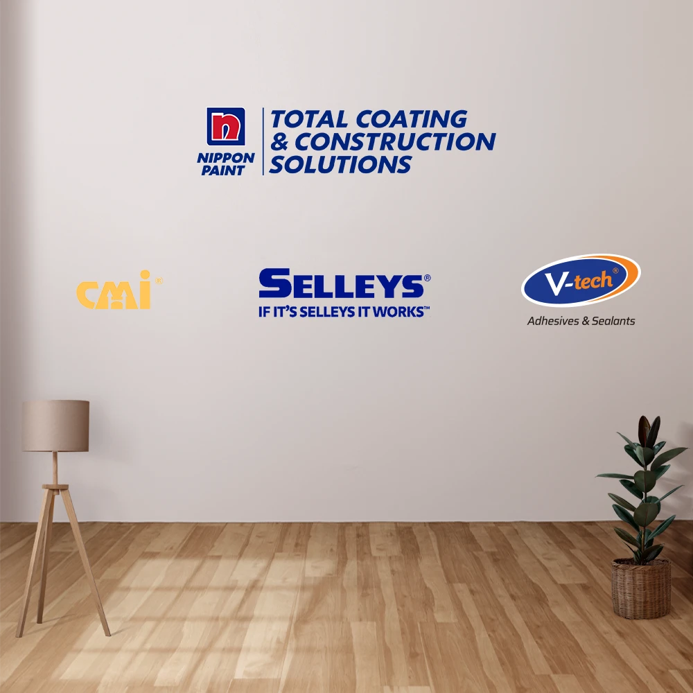 Nippon Paint brand logos CMI, Selleys and V-Tech on pink interior wall