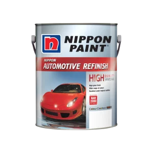 Nippon Paint Automotive Refinish can featuring a high-quality synthetic enamel for car refinishing, showcasing a vibrant red sports car and highlighting benefits like high gloss finish and a wide range of colors.
