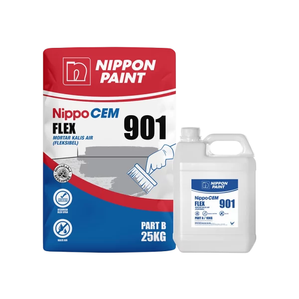 Nippon Paint NippoCEM FLEX 901 product packaging, featuring a 25kg bag and a 10kg container, designed for flexible waterproofing mortar applications.