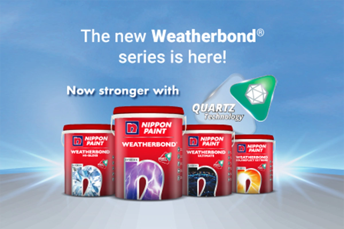 Nippon Paint's new Weatherbond® series featuring advanced QUARTZ Technology, showcasing multiple paint containers with vibrant labels, designed for enhanced durability and weather resistance.