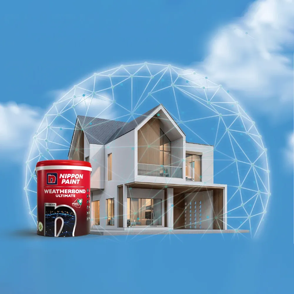 Nippon Paint Weatherbond Ultimate paint can in front of a modern house, showcasing durability and protection against weather elements. The background features a blue sky with clouds and a digital network overlay, emphasizing innovation in home protection.