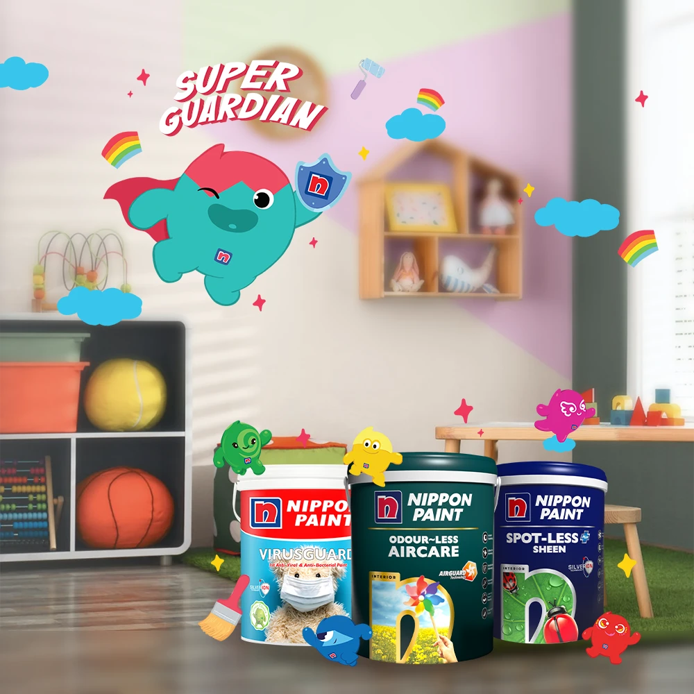 Nippon Paint SuperGuardian logo with Virusguard, Spot-less Plus Sheen and Odour-less Aircare child wellness range in front of kids playroom