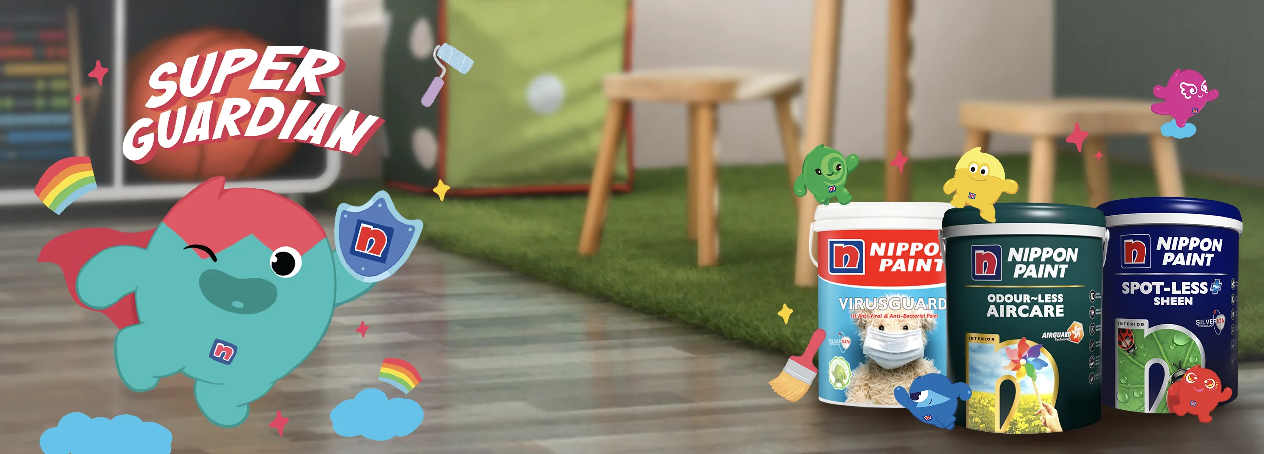 Nippon Paint SuperGuardian logo with Virusguard, Spot-less Plus Sheen and Odour-less Aircare child wellness range in front of kids playroom