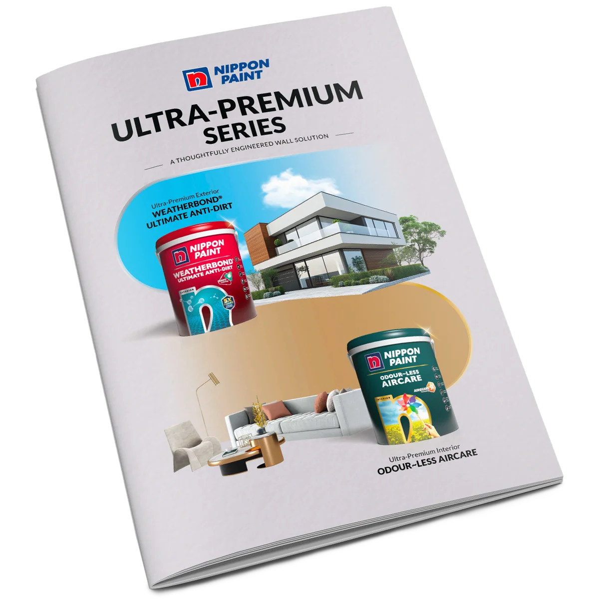 Nippon Paint's Ultra Premium Series brochure with Weatherbond Ultimate Anti-Dirt and Ultra-Premium Interior Odourless Aircare as featured product