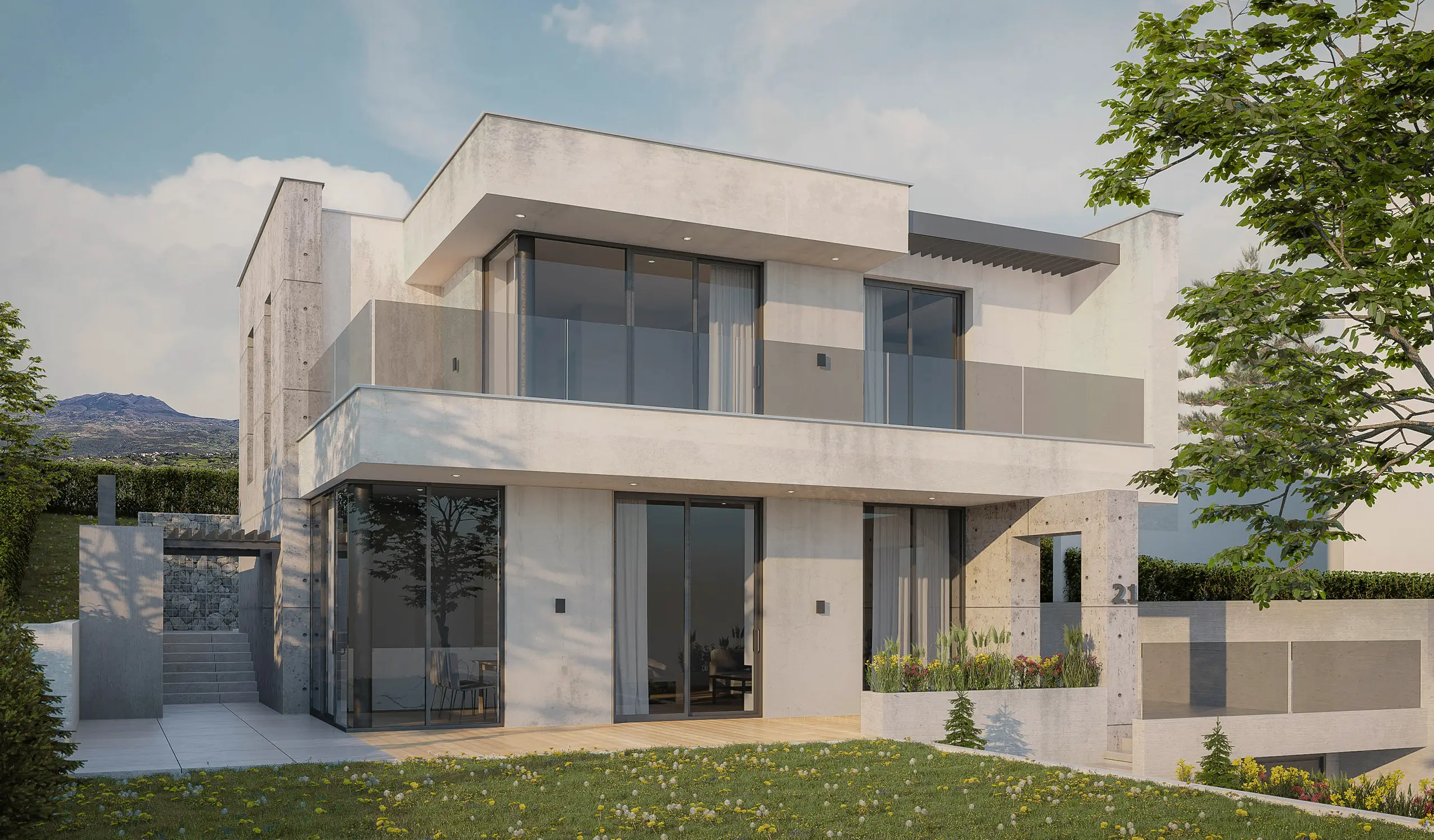 http://Modern%20two-story%20concrete%20house%20with%20large%20windows%20showing%20dirt%20marks%20and%20stains%20on%20facade%20and%20weathered%20surfaces