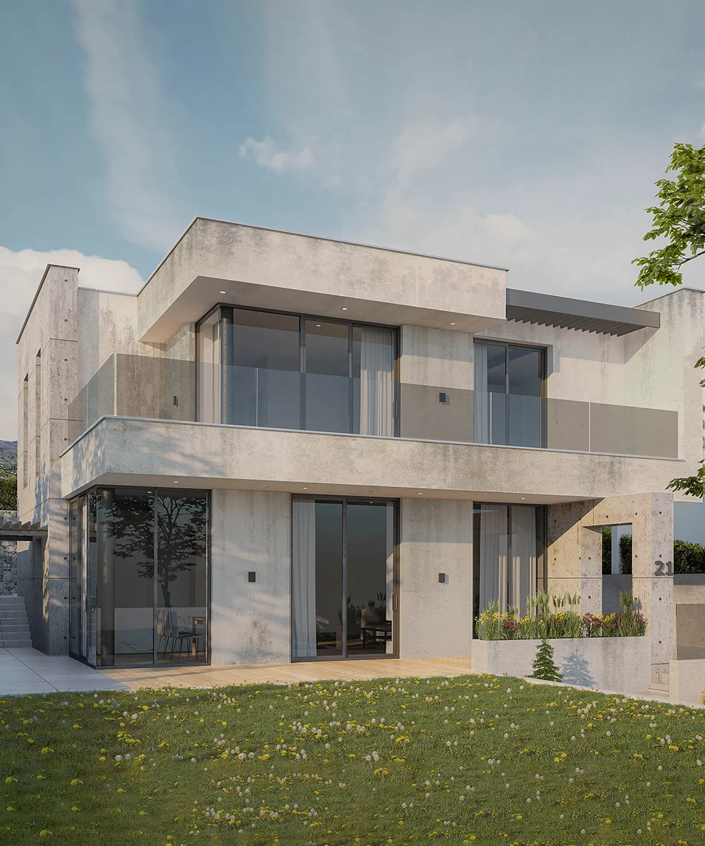 http://Modern%20concrete%20house%20with%20dirt%20marks%20on%20fascade%20and%20large%20windows%20overlooking%20green%20lawn