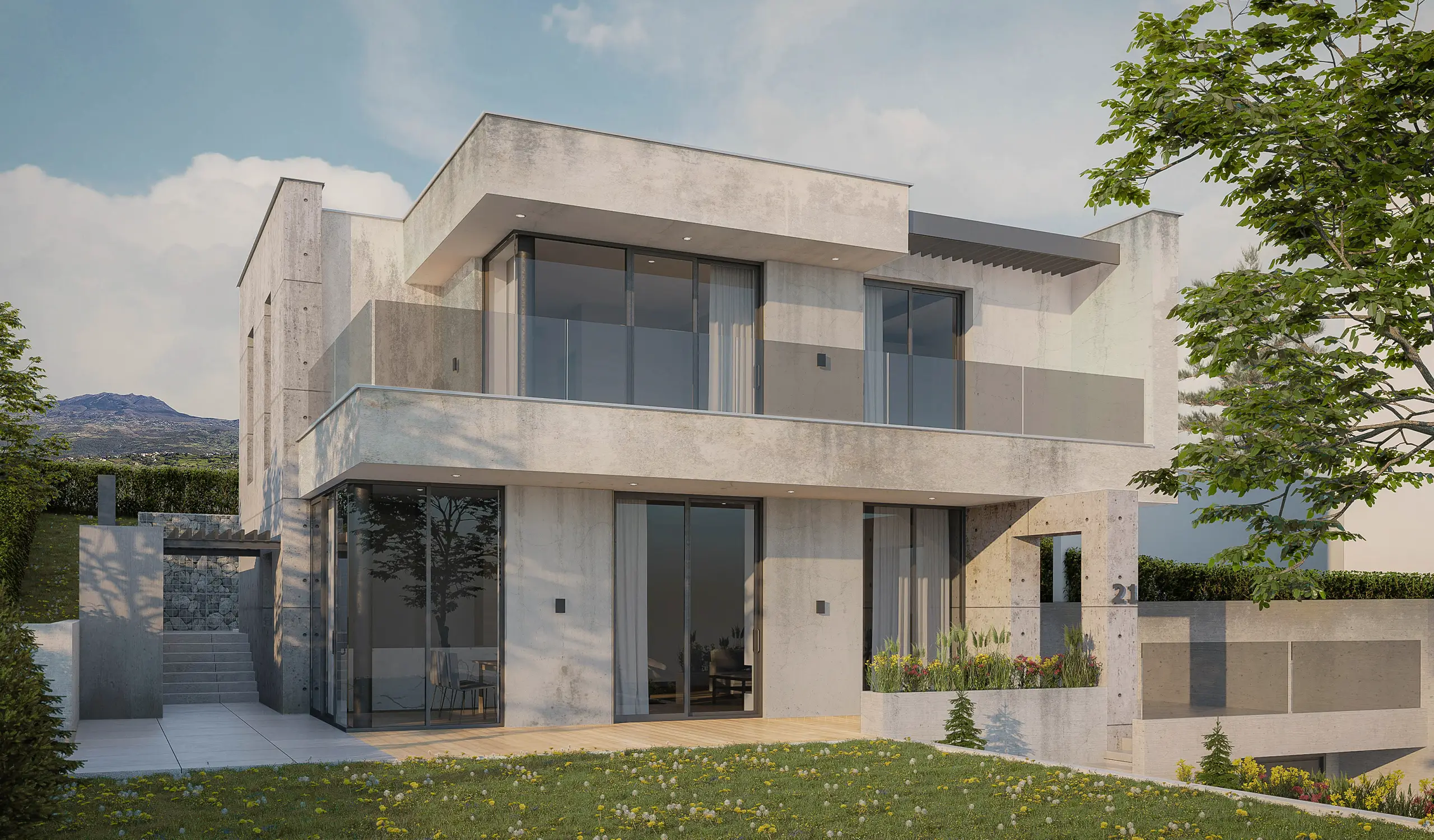 http://Modern%20two-story%20concrete%20house%20with%20large%20windows%20showing%20dirt%20marks%20and%20stains%20on%20facade%20and%20weathered%20surfaces