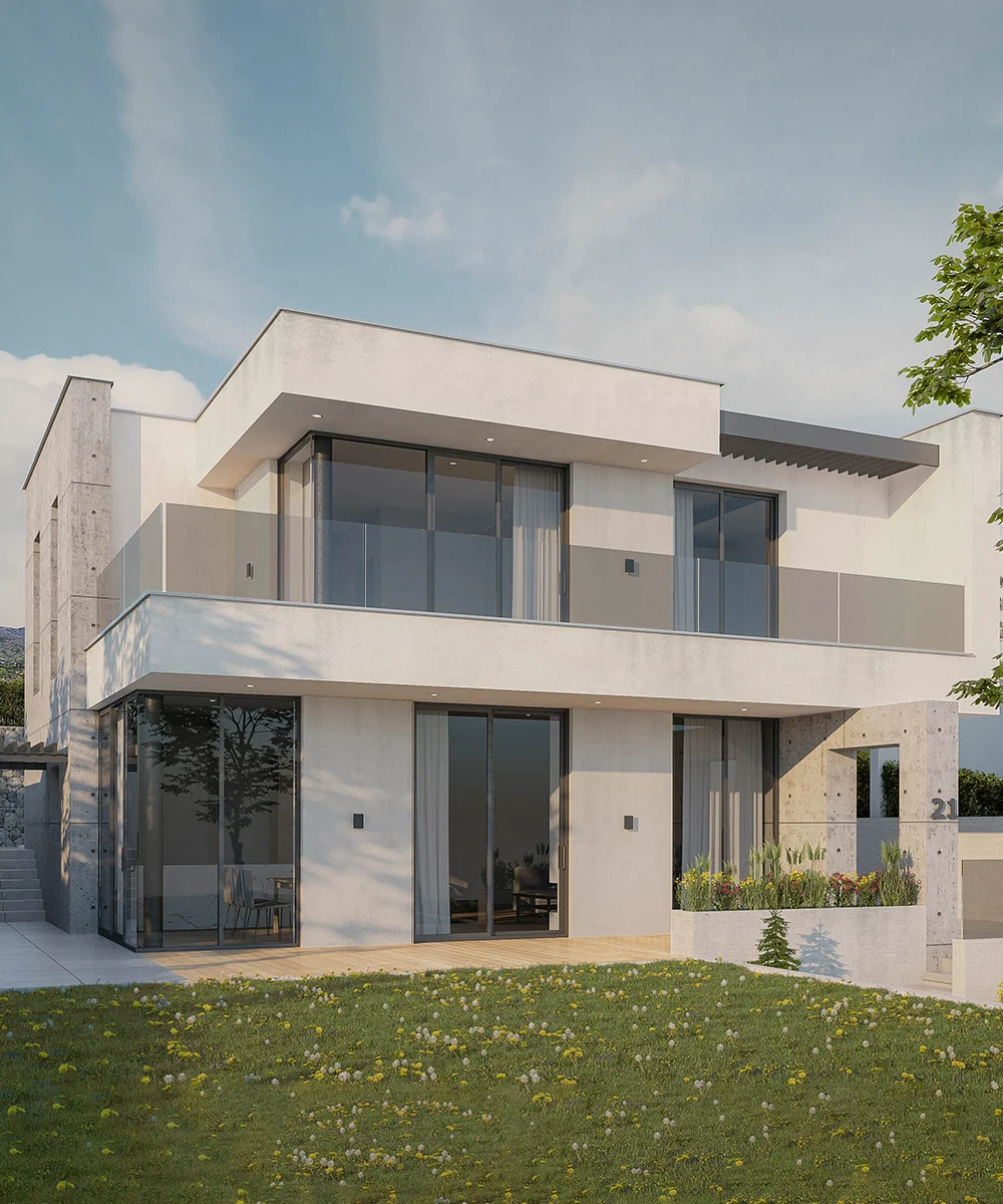 http://Modern%20two-story%20concrete%20house%20with%20large%20windows%20showing%20dirt%20marks%20and%20stains%20on%20facade%20and%20weathered%20surfaces
