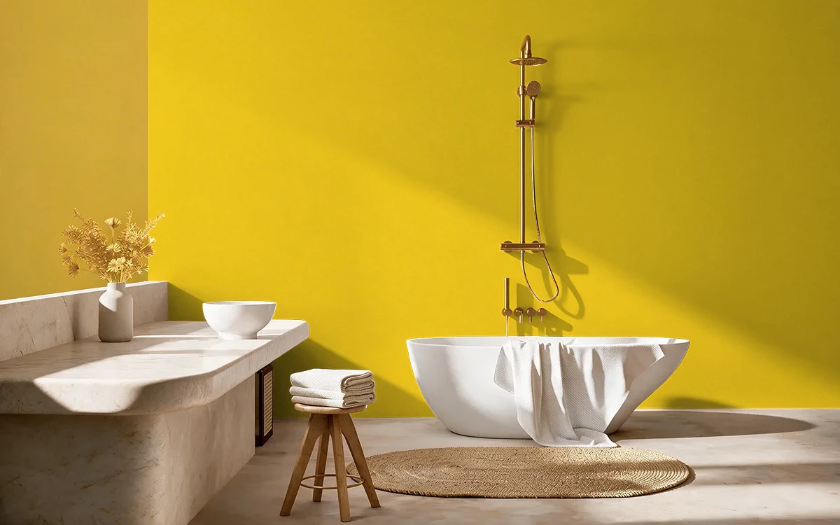 Nippon Paint's ABSOLUTE YELLOW color on different wall surfaces.
