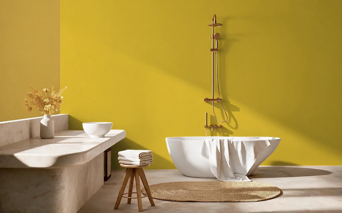 Nippon Paint's ANTIQUE BRASS color on different wall surfaces.