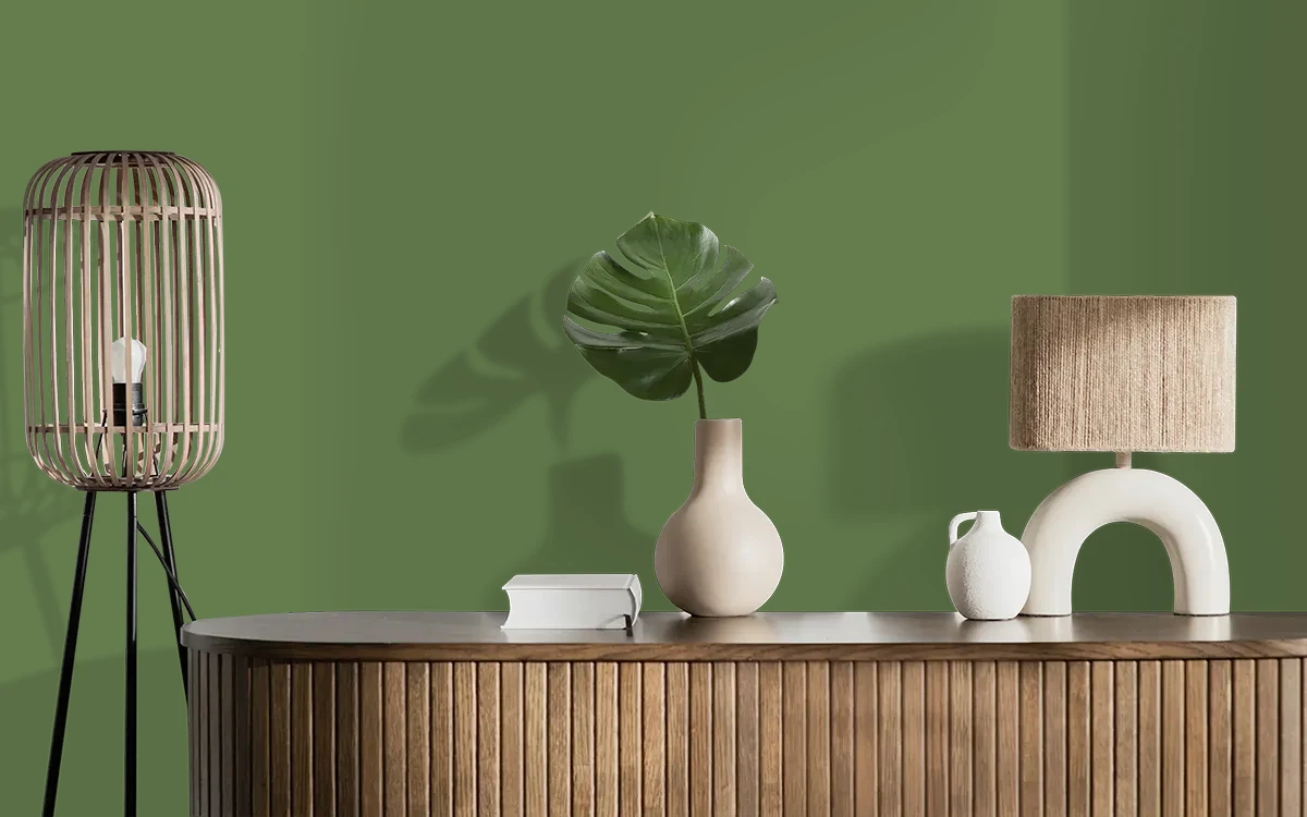 Nippon Paint's ARMY GREEN color on different wall surfaces.