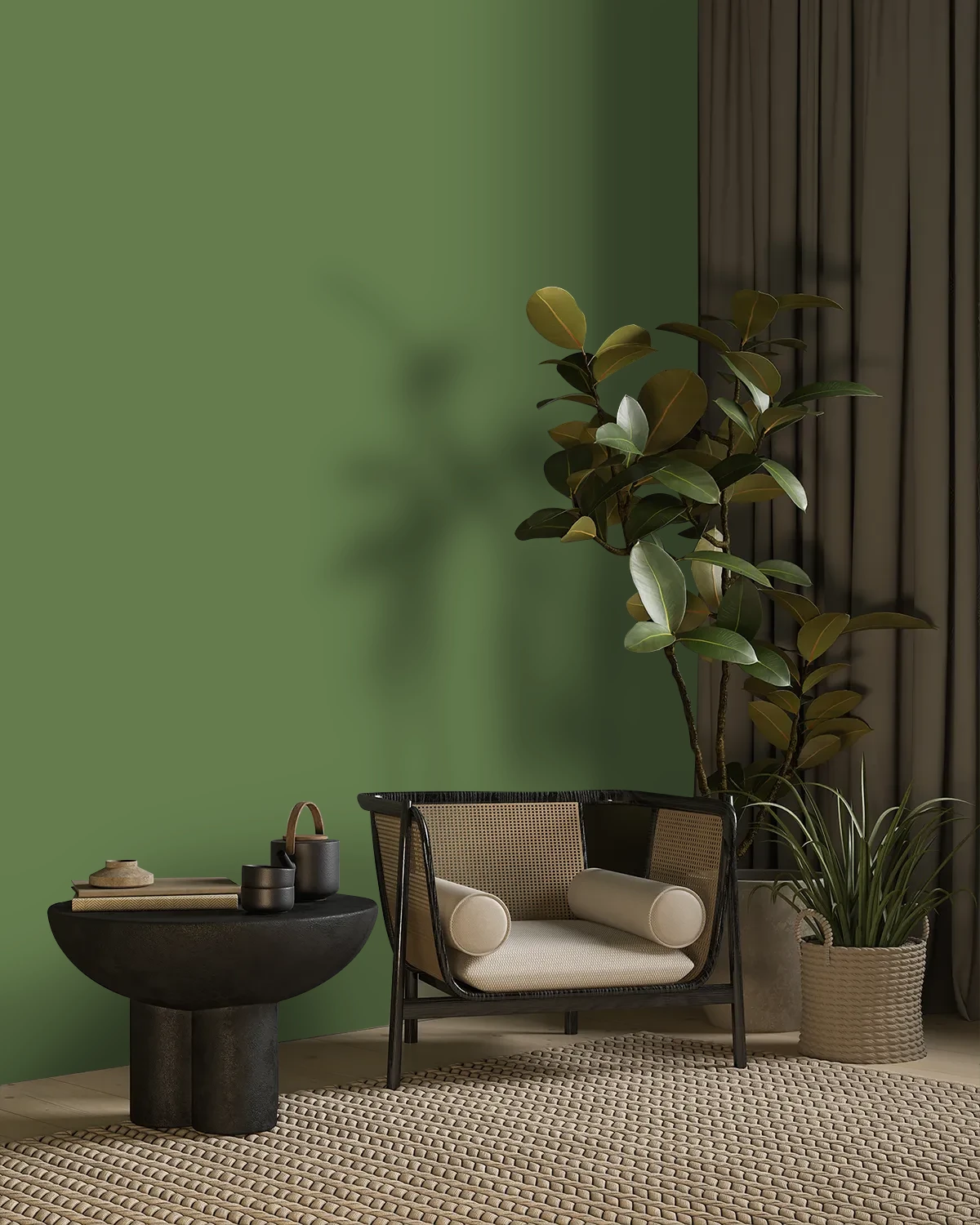 Nippon Paint's ARMY GREEN color on a beautifully decorated wall.
