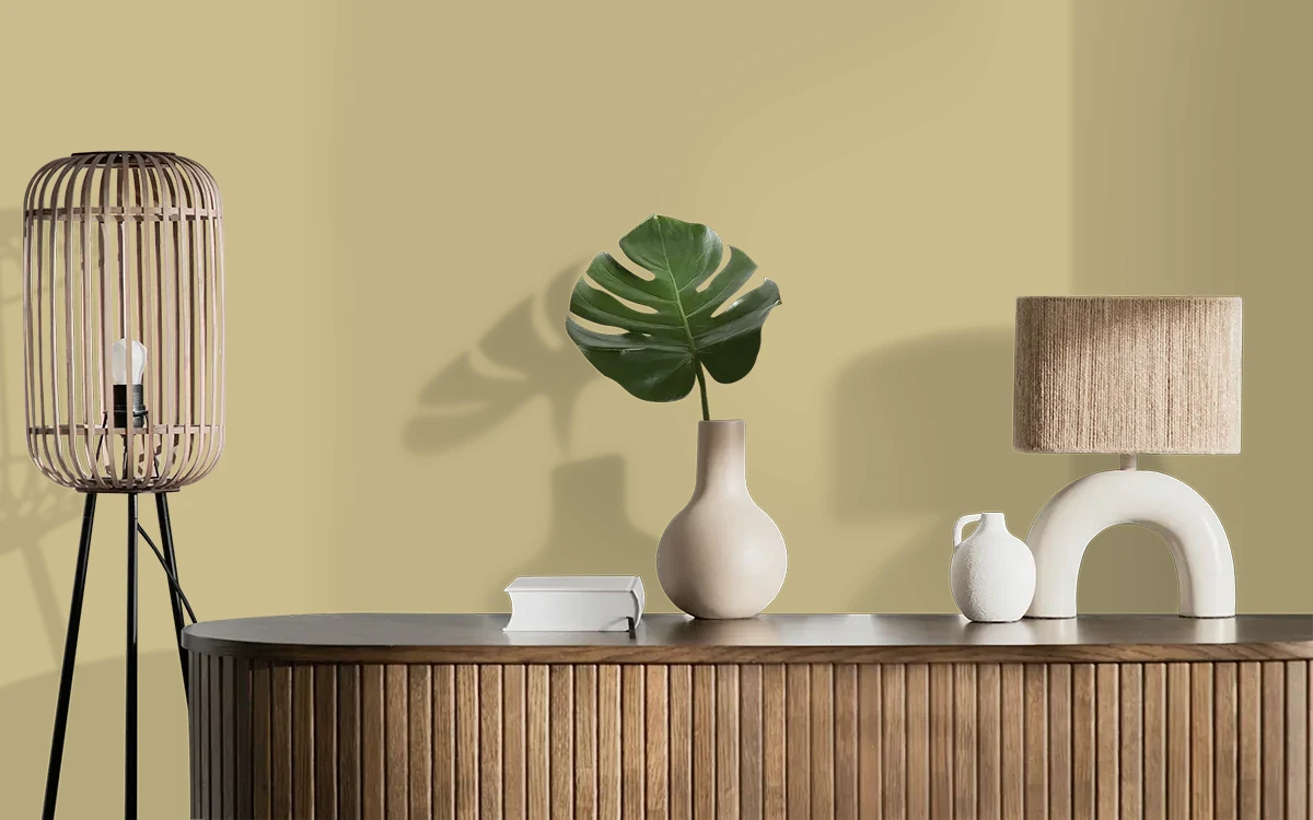 Nippon Paint's BASKET STRAW color on different wall surfaces.