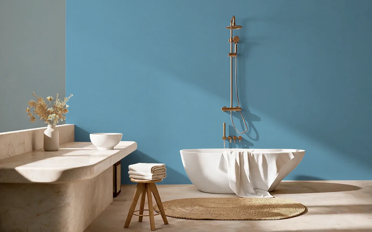 Nippon Paint's BLUE BUTTON color on different wall surfaces.