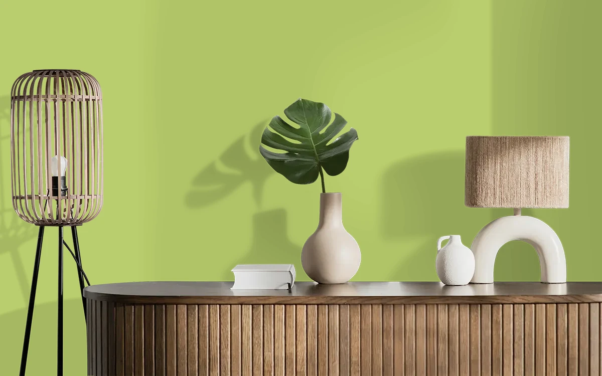 Nippon Paint's BRIGHT GROVE color on different wall surfaces.