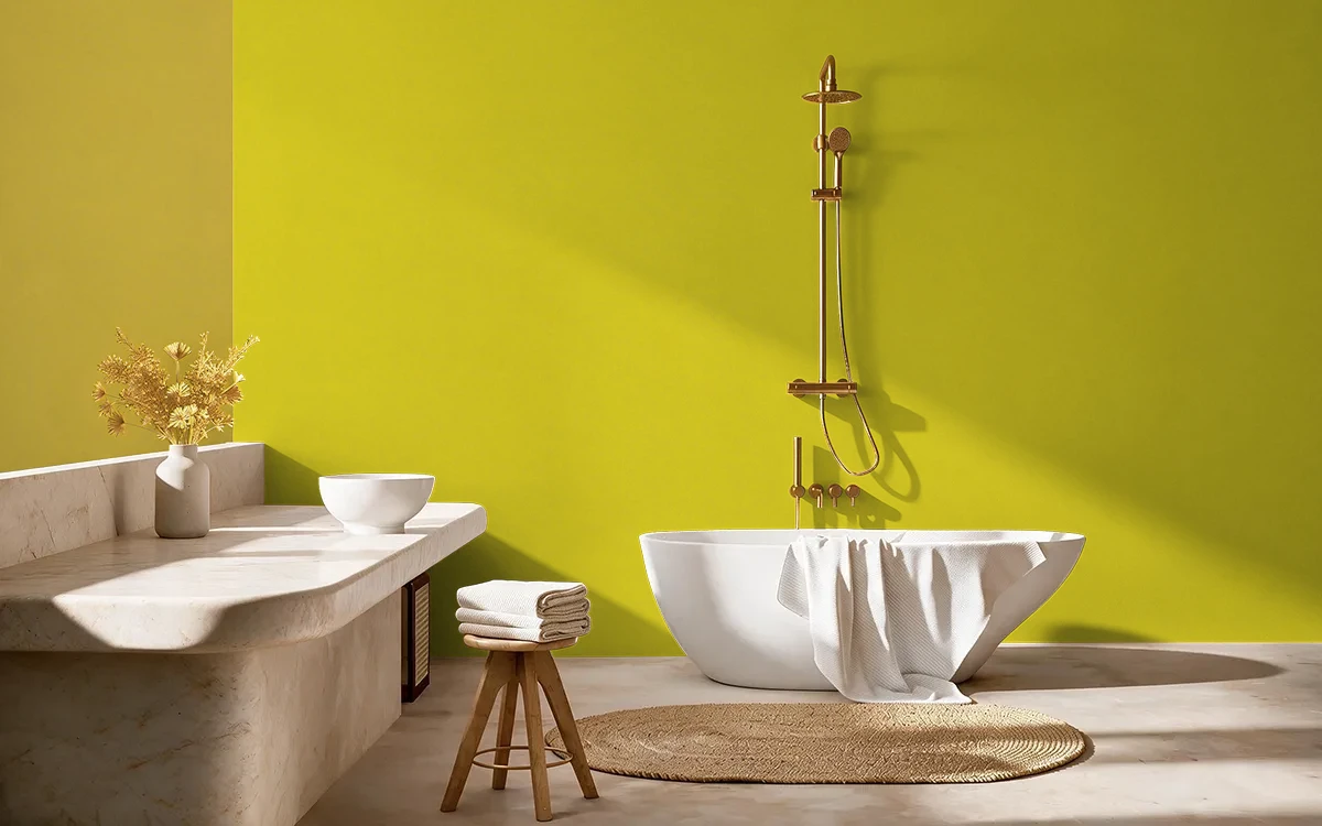 Nippon Paint's BRIGHT LIME color on different wall surfaces.
