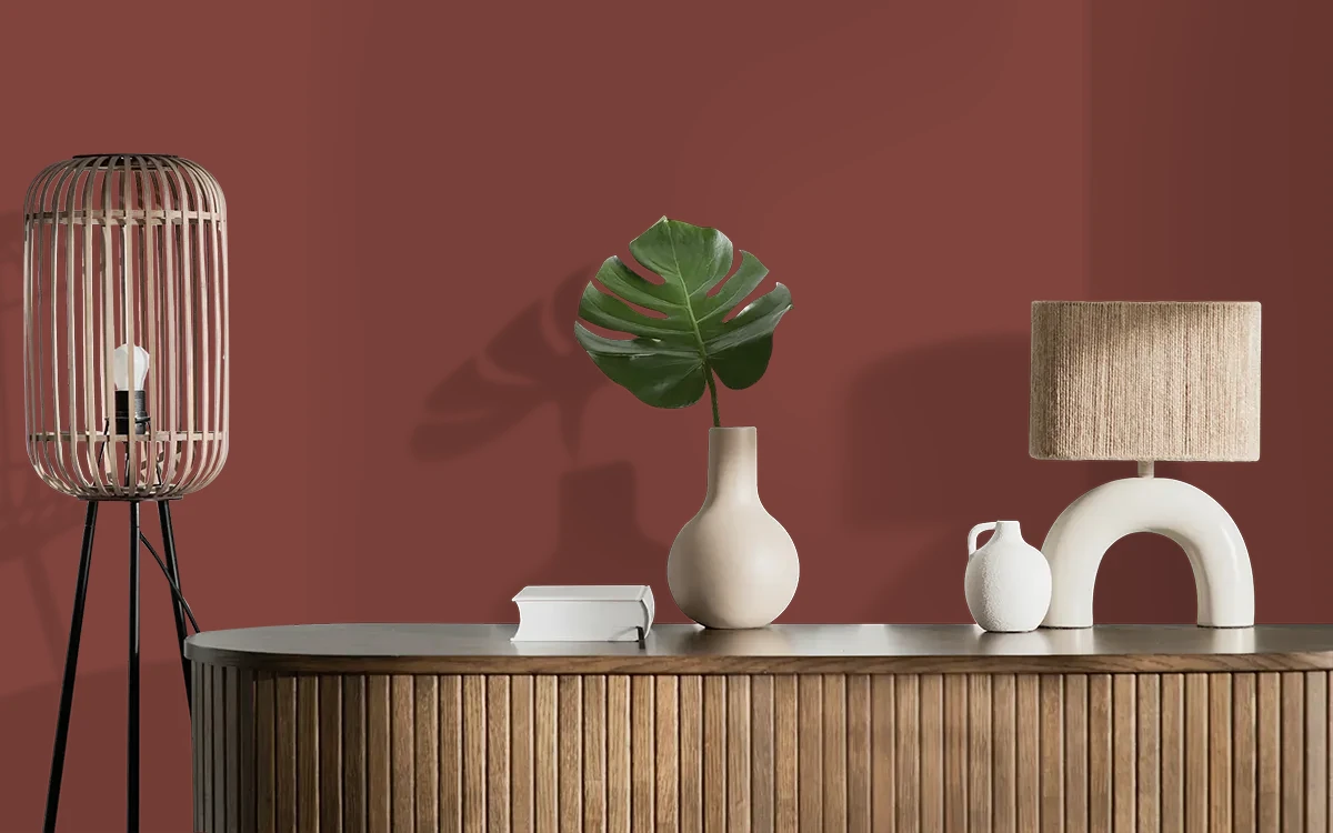 Nippon Paint's BURNT BARK color on different wall surfaces.