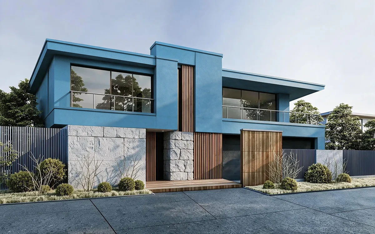 Nippon Paint's BUSTLING BLUE color on different wall surfaces.