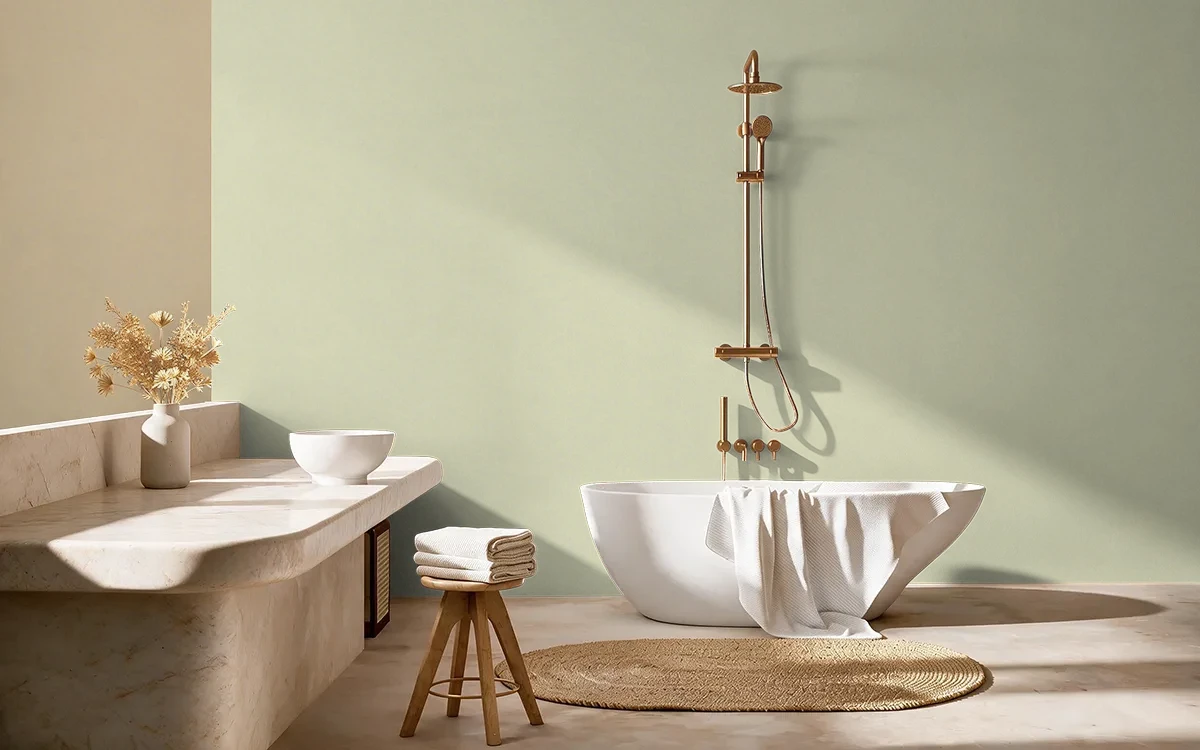 Nippon Paint's BY THE POND color on different wall surfaces.