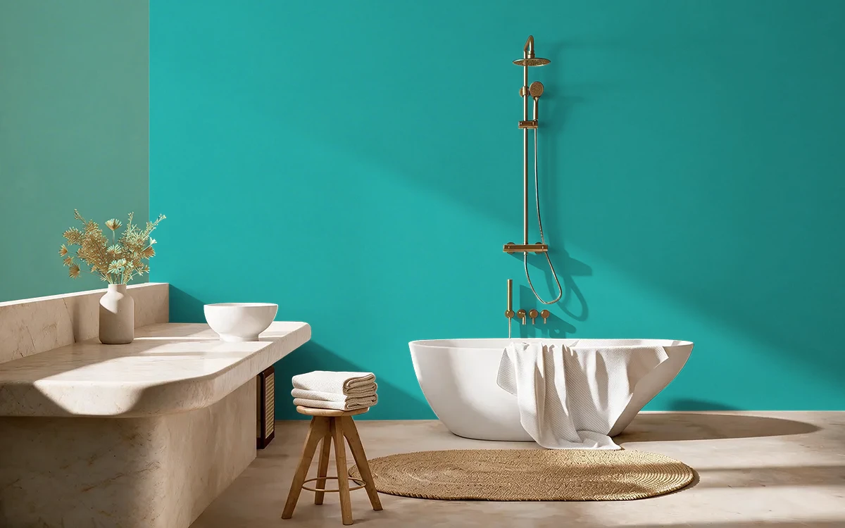 Nippon Paint's CARRIBEAN SEA color on different wall surfaces.