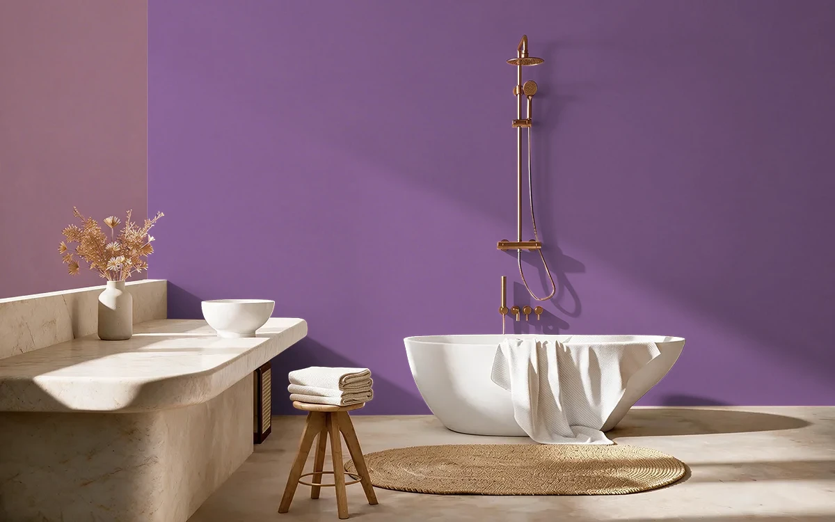 Nippon Paint's CHINA ASTER color on different wall surfaces.