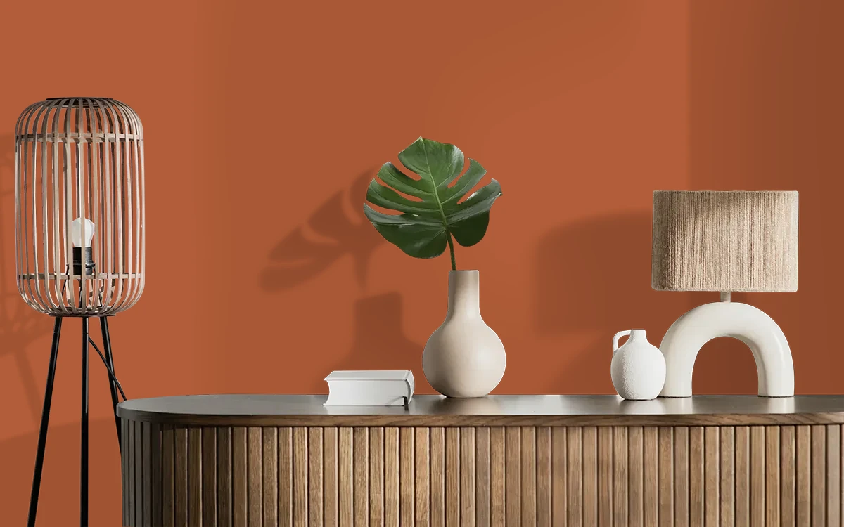 Nippon Paint's COPPER OAK color on different wall surfaces.