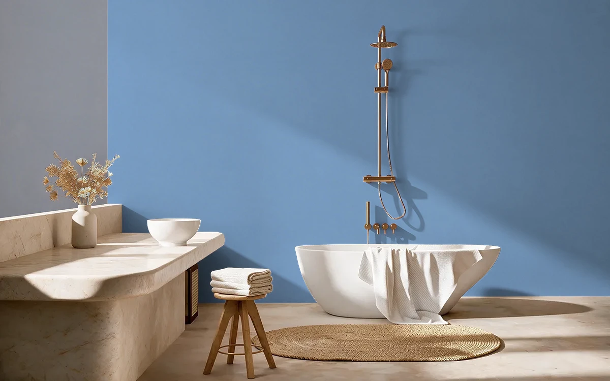 Nippon Paint's CORNFLOWER BURST color on different wall surfaces.