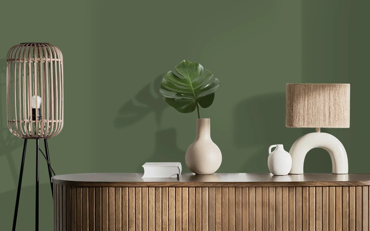 Nippon Paint's COSTUME GREEN color on different wall surfaces.